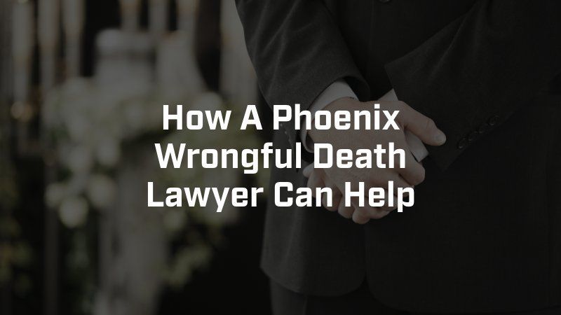 A person in a dark suit with clasped hands stands before a blurred funeral floral arrangement with text about legal help.