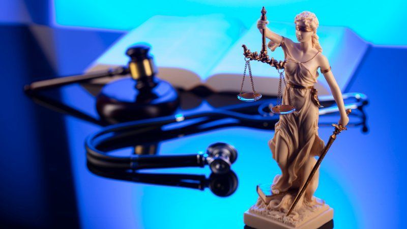 A statue of justice is standing next to a stethoscope and a gavel.