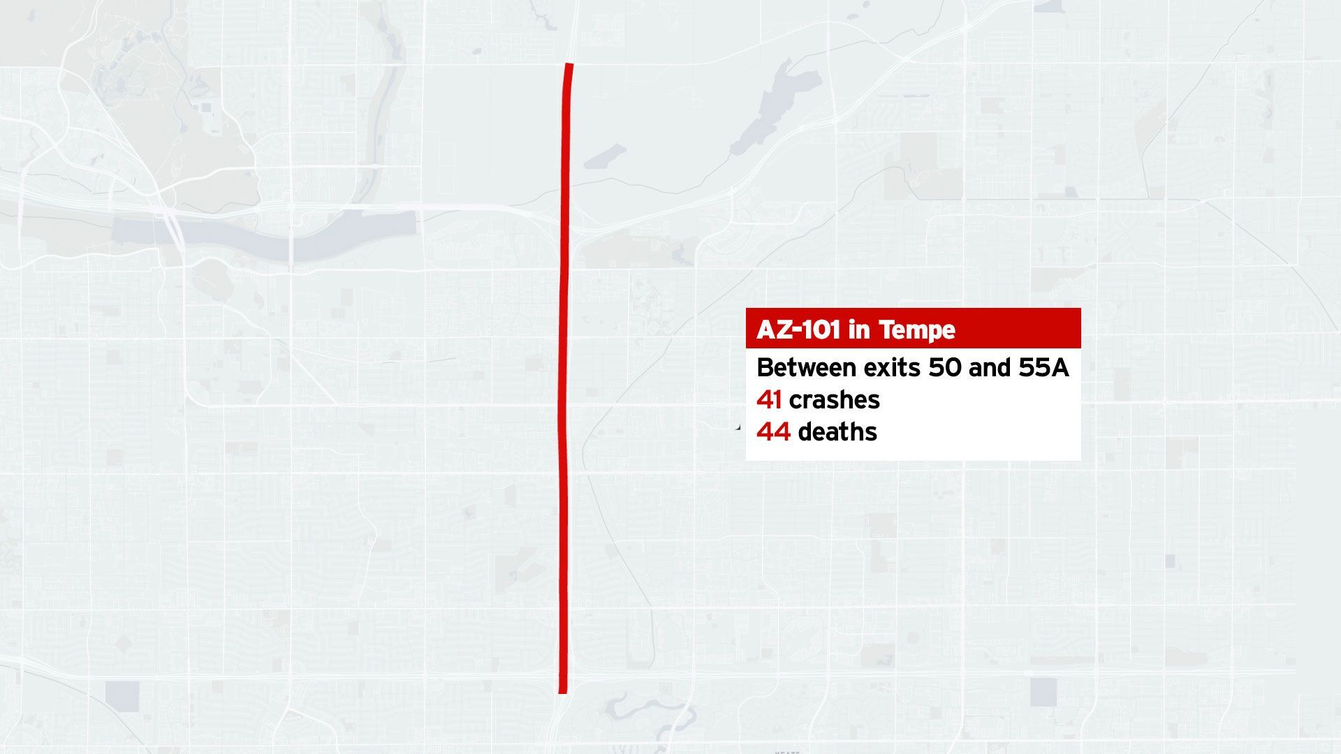 A map showing a red line on AZ-101 in Tempe, with a text box reporting 41 crashes and 44 deaths between exits 50 and 55A.