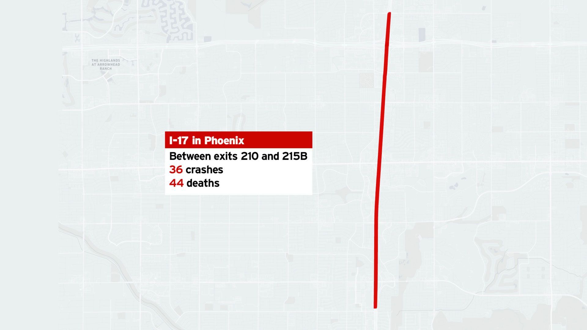 Map shows I-17 in Phoenix between exits 210 and 215, noting 36 crashes and 44 deaths in red text.