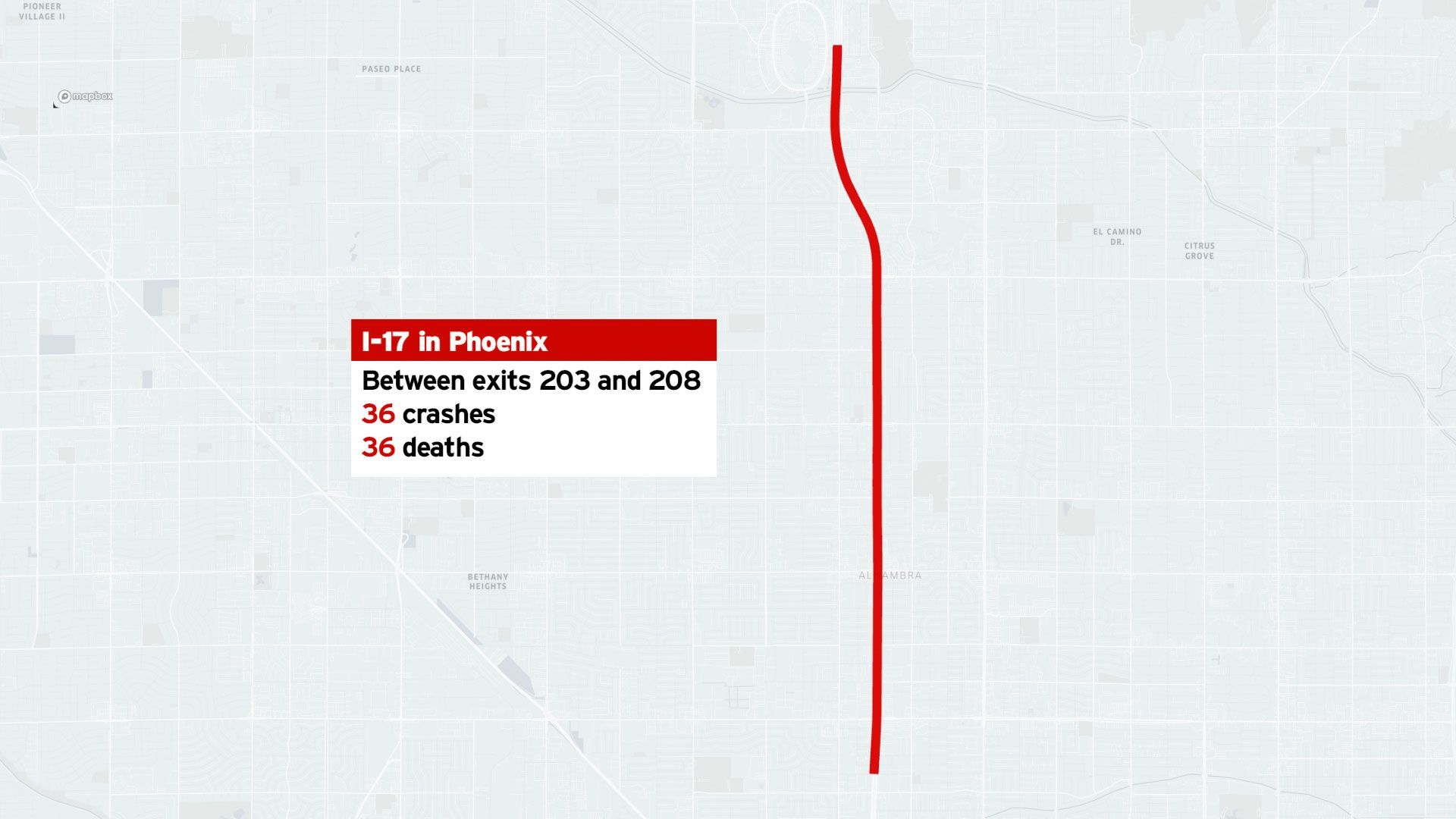 A map showing a stretch of I-17 in Phoenix between exits 200 and 208, labeled with 38 crashes and 38 deaths.
