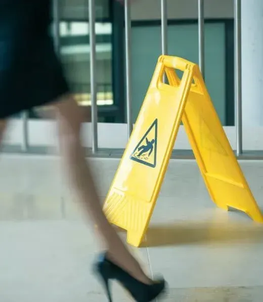 A blurry figure in heels walks past a yellow caution sign on a wet floor.