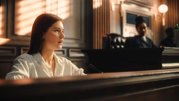 A woman is sitting at a desk in a courtroom.