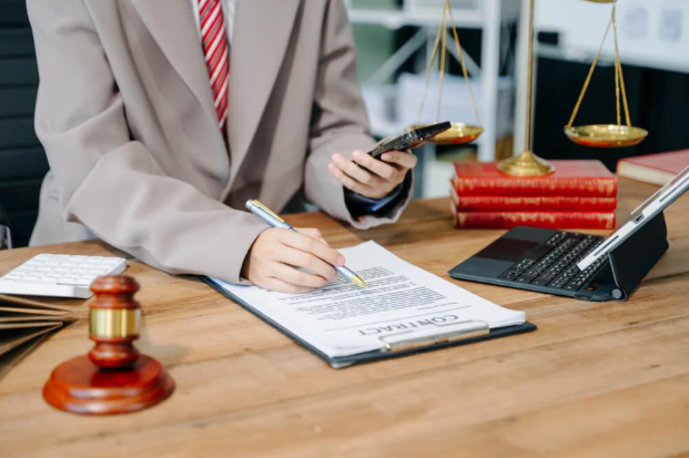 A lawyer is sitting at a desk writing on a clipboard while holding a cell phone.