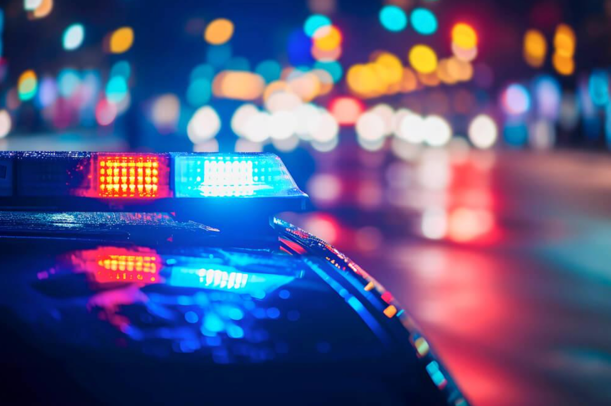 A close up of a police car 's lights at night.