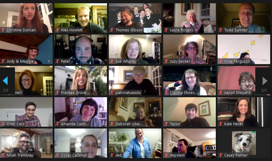 A grid of video conference participants, including a dog in the bottom right corner, viewed in a meeting software interface.