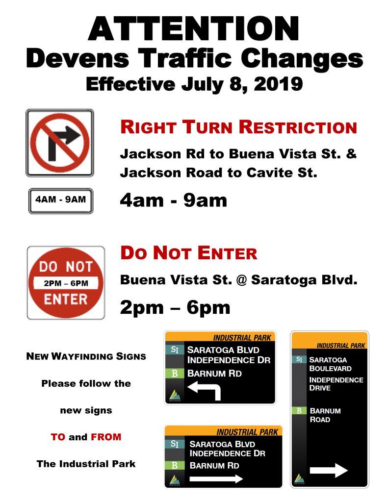 Flyer detailing Devens traffic changes starting July 8, 2019, including turn restrictions, road closures, and new signage.