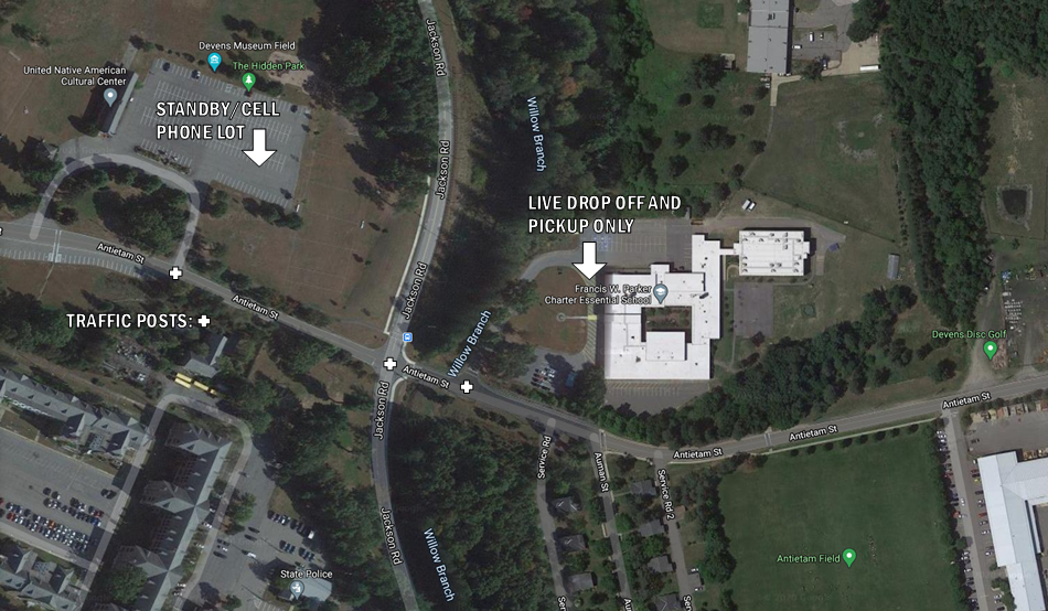 Satellite view showing the University of Portland’s Pilot House, nearby parking lots, and surrounding wooded area.