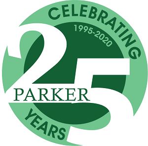 A circular logo celebrating 25 years of Parker, 1995-2020, with white text on a green background.