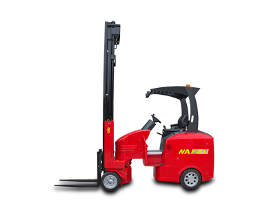 Red stand-up electric forklift with raised forks, viewed from the side, on a white background.