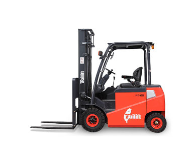 Orange forklift with black accents and a driver's seat, standing on a white background.