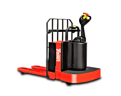 Red and black electric pallet jack with a raised load, indoors.
