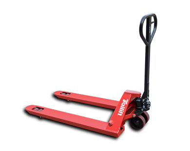 Red pallet jack with black handle, on a white background.