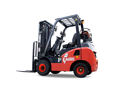 Red forklift, outdoors, lifting forks, black overhead guard, orange wheels.