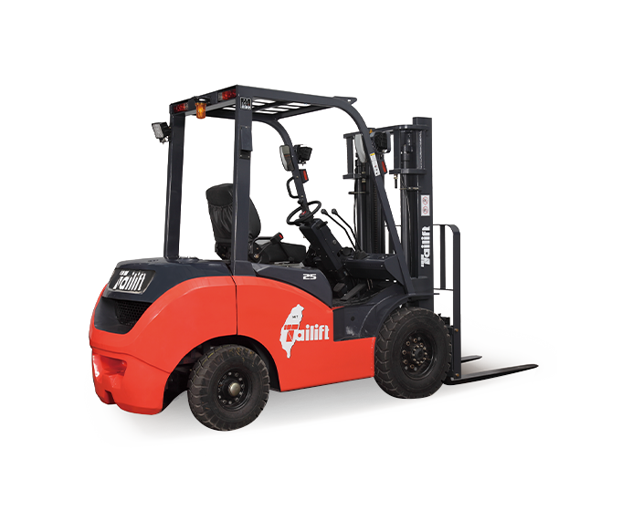 Red and black forklift truck with forks lowered, ready to lift materials.