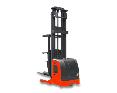 Red and black stand-up forklift, with forks extended, isolated on white background.
