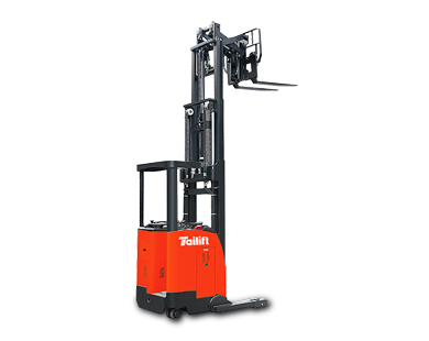 Tall orange forklift lifting a pallet, indoors.