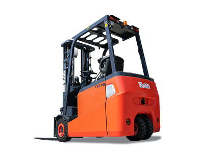 Orange forklift with black accents, ready to lift.