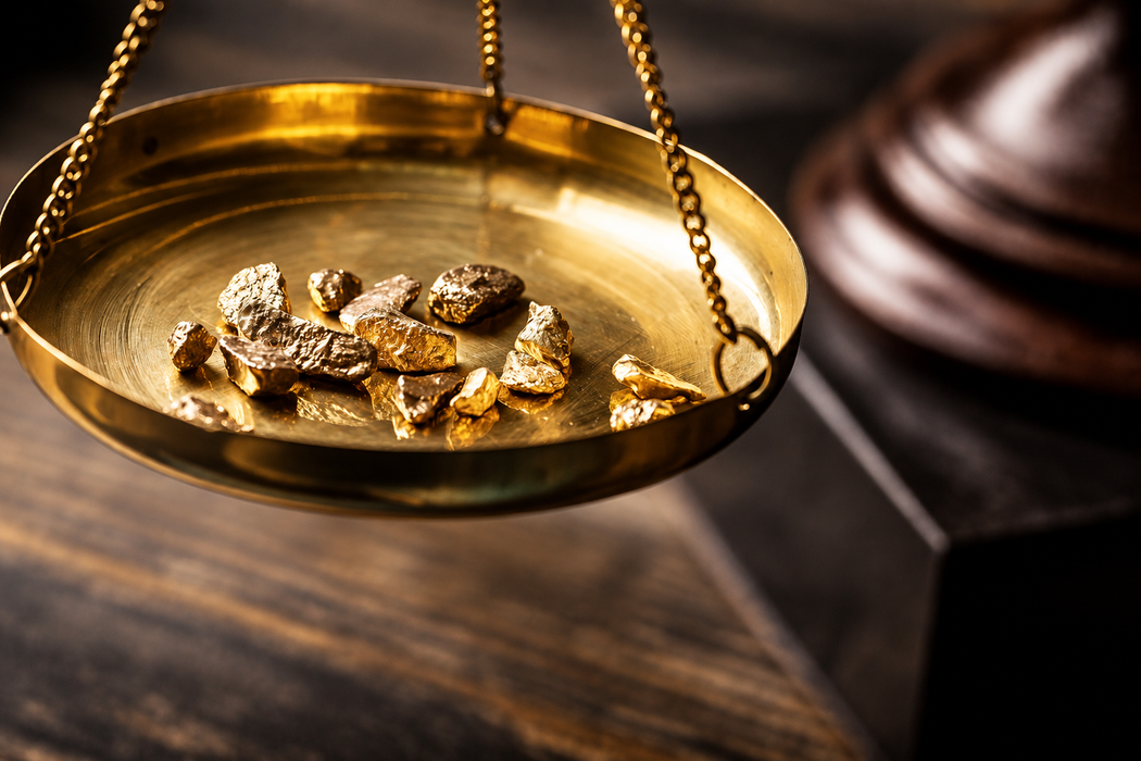 Bilancia dorata con pepite d’oro sulla scrivania di un giudice, con un martelletto sfocato sullo sfondo
