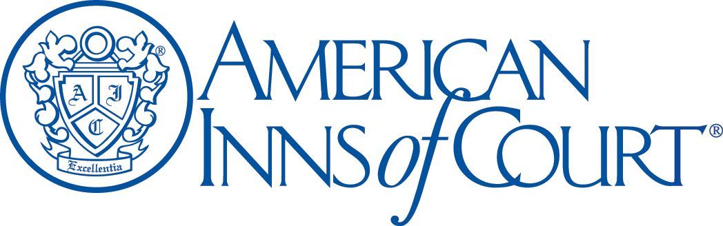 Logo of the American Inns of Court; blue text and emblem with a crest.