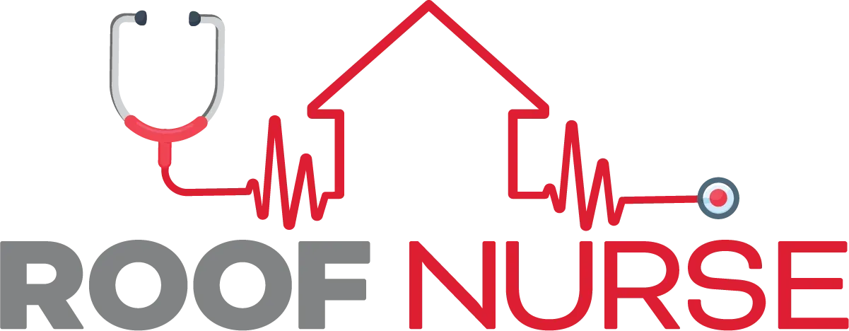 Logo for Roof Nurse featuring a red house outline integrated with a medical stethoscope and red EKG heartbeat lines.