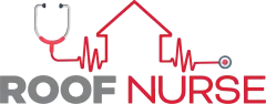 Logo for Roof Nurse featuring a red house outline integrated with a medical stethoscope and red EKG heartbeat lines.