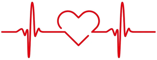 A red line art graphic featuring a stylized heart integrated into a rhythmic heartbeat EKG line on a white background.