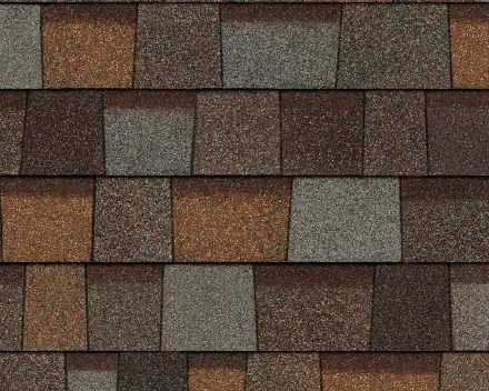 Close-up of multicolored weathered roof shingles in brown, gray, and rust tones.