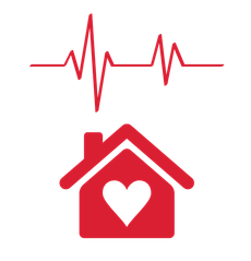 A red heart rate line above a red house icon with a white heart in the center.