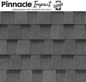 Gray shingle roof with Pinnacle Impact branding at the top