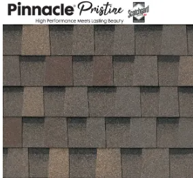 Gray-brown asphalt roof shingles with Pinnacle Pristine branding at the top.