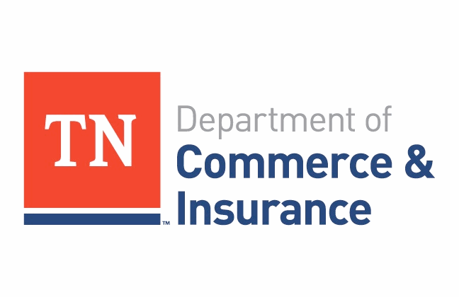 Logo for the Tennessee Department of Commerce & Insurance featuring a red square with