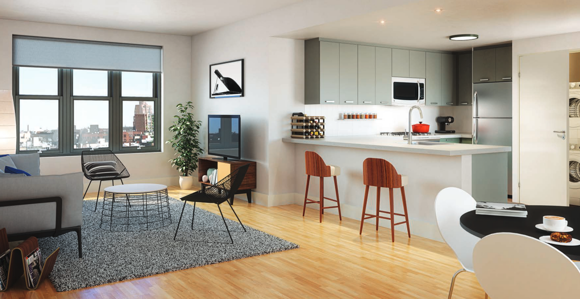an artist 's impression of a living room and kitchen