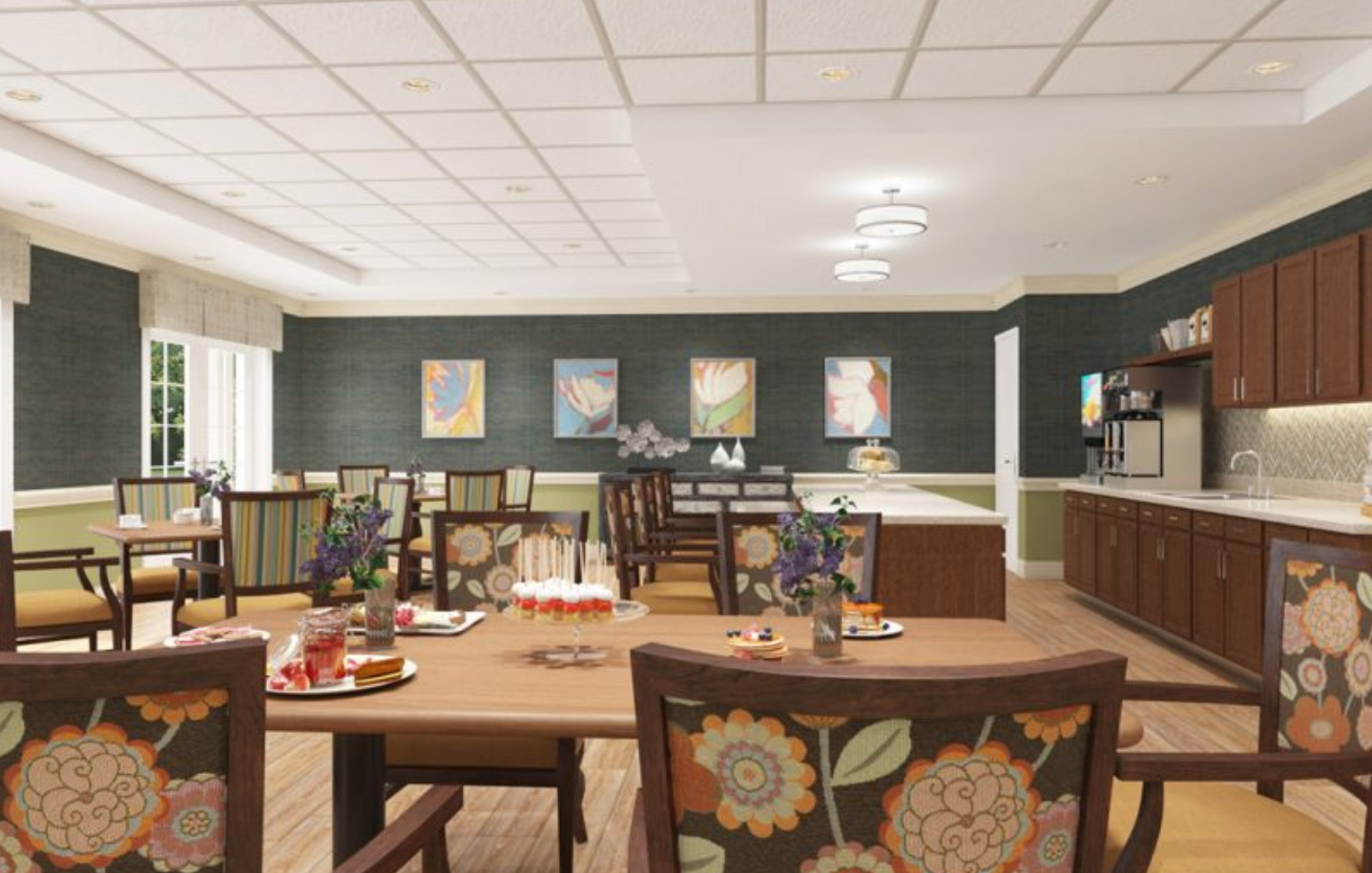 an artist 's impression of a dining room with tables and chairs