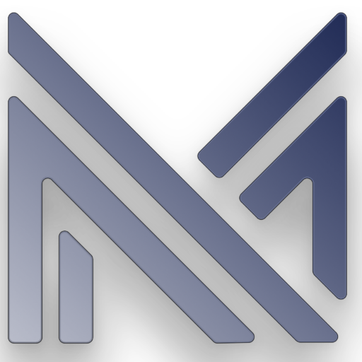 a blue and white letter m on a white background