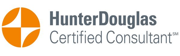 Hunter Douglas Certified Consultant logo: orange circle with white design; grey text.