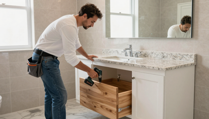 Installer fitting bathroom vanity cabinets through trusted custom cabinet service in Shreveport, LA for added storage.