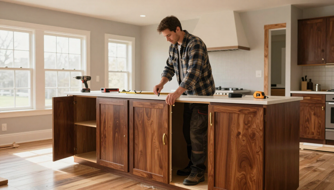 Carpenter measures a kitchen island during custom cabinet service in Shreveport, LA for exact cabinet installation work.