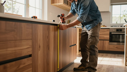 Craftsman measuring custom kitchen cabinets with professional custom cabinet service in Shreveport, LA for precision.