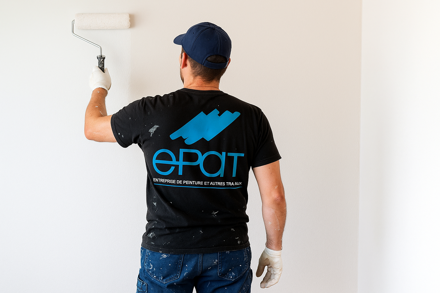 Peintre en t-shirt noir, casquette bleue et gants, utilisant un rouleau pour peindre un mur blanc.