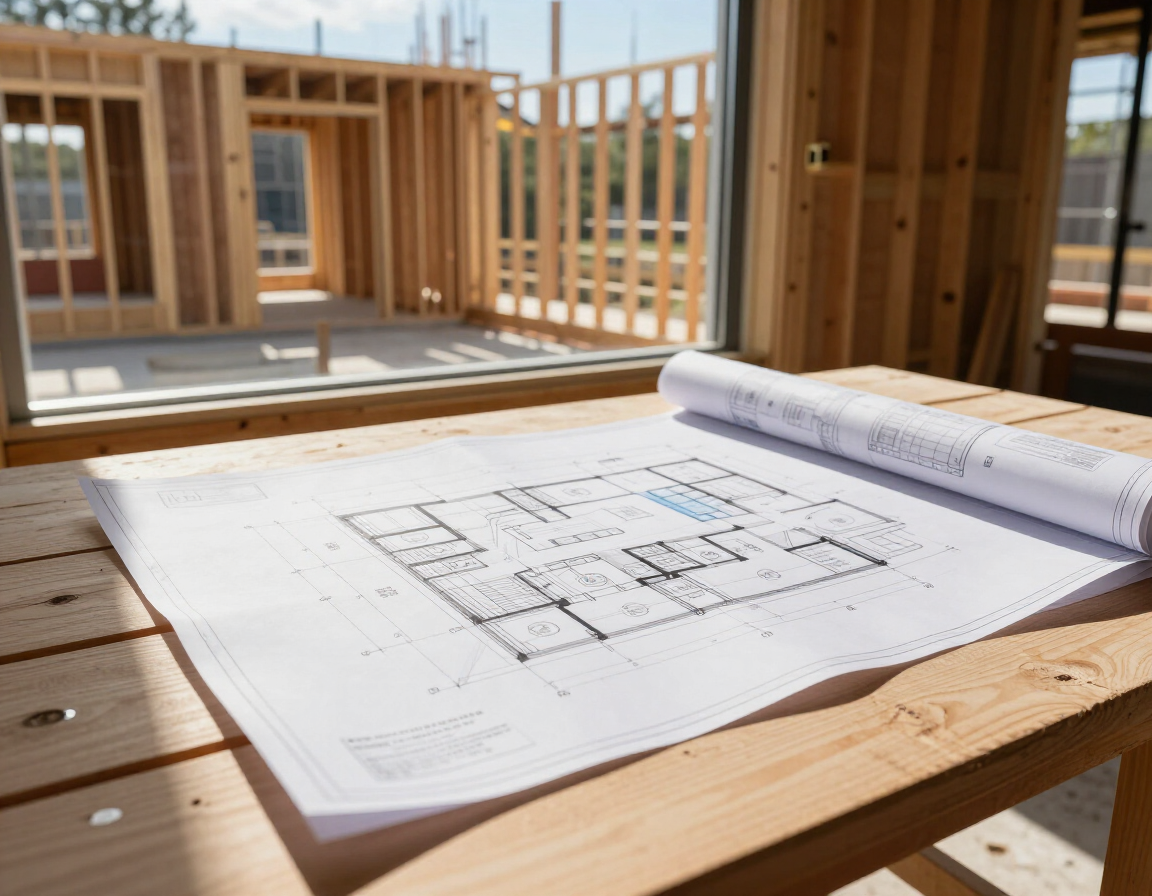 Blueprints on a wooden table at a house construction site interior