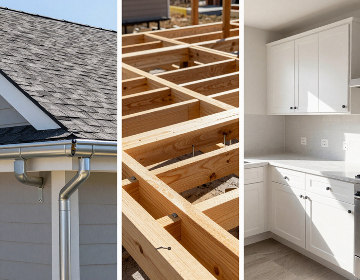 Home construction collage: roof gutter, wooden framing, and white kitchen cabinets