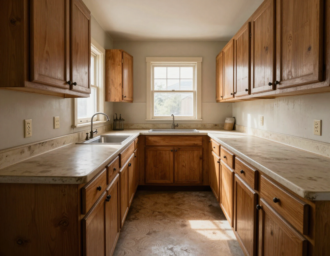 Narrow kitchen with wooden cabinets, light countertops, and a window above the sink.
