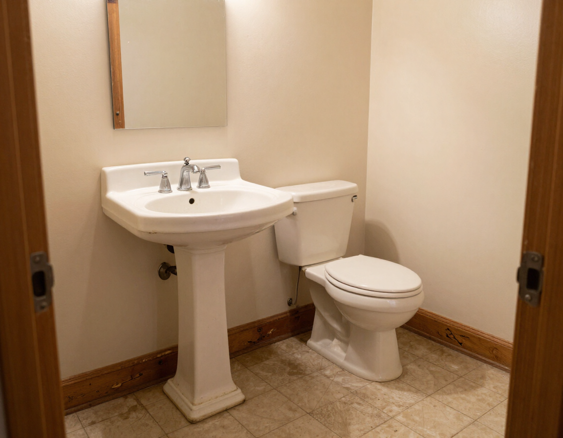 Small beige bathroom with a white pedestal sink, mirror, and toilet.