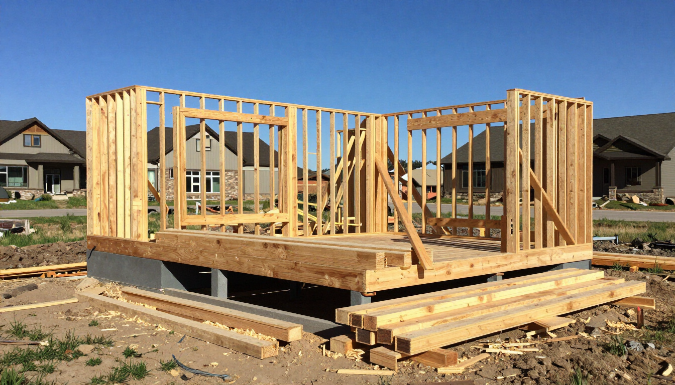 Wood-framed house under construction on a concrete foundation in a suburban lot