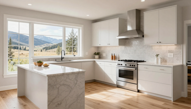 Bright modern kitchen with white cabinets, marble island, and mountain view through large windows