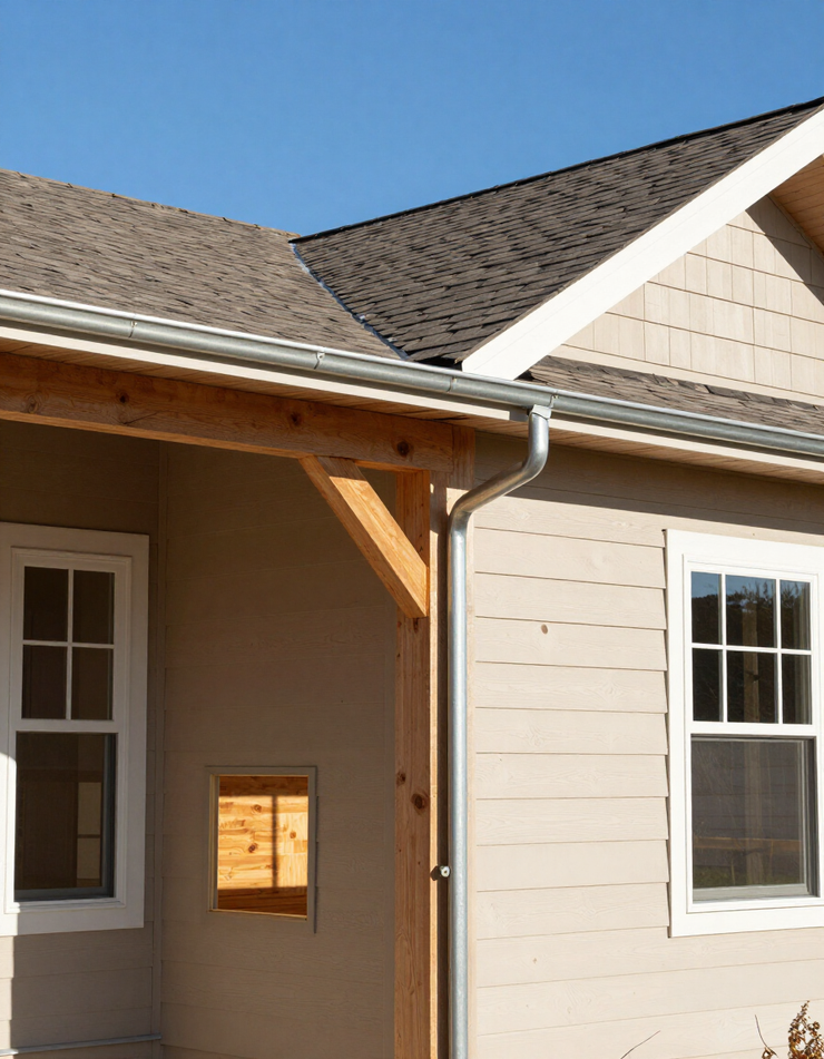 House exterior with beige siding, white-trimmed window, porch, and gray shingle roof under blue sky