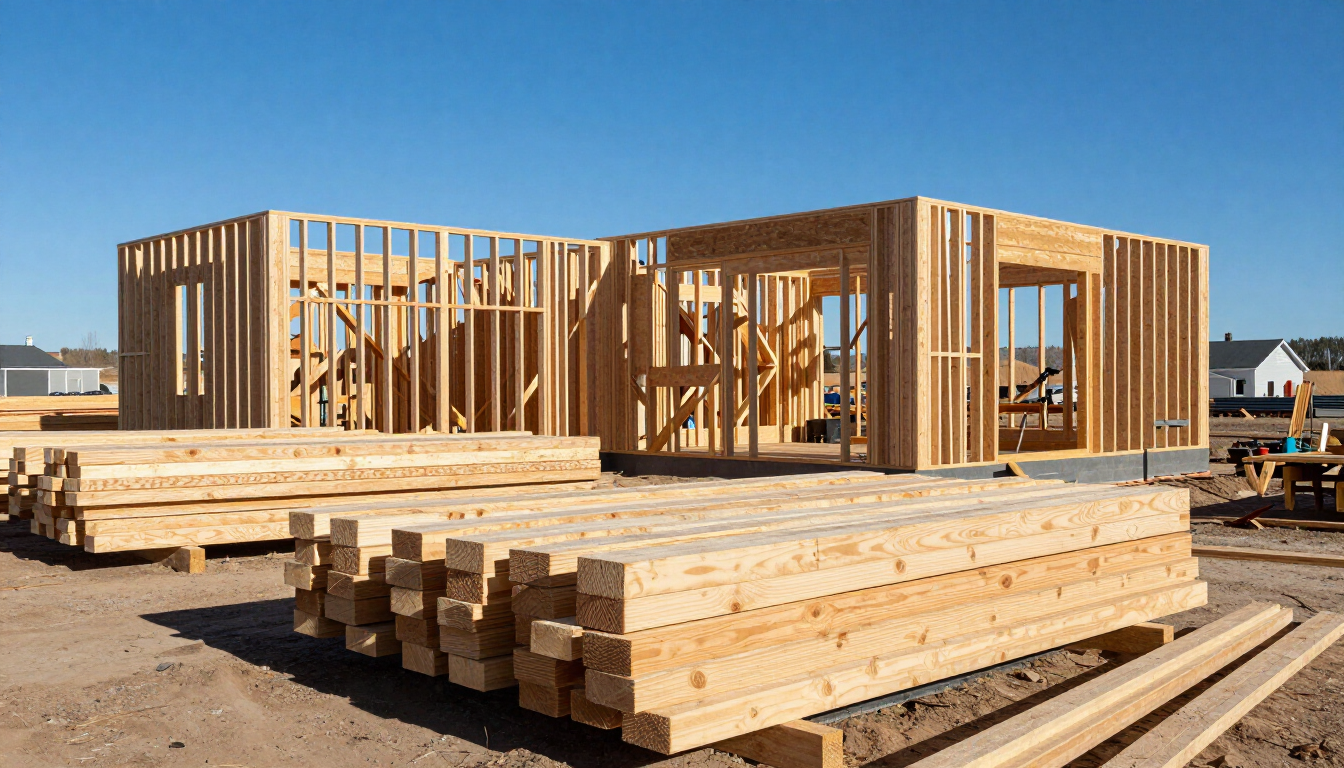 Wood-framed house under construction with stacked lumber in the foreground on a clear day