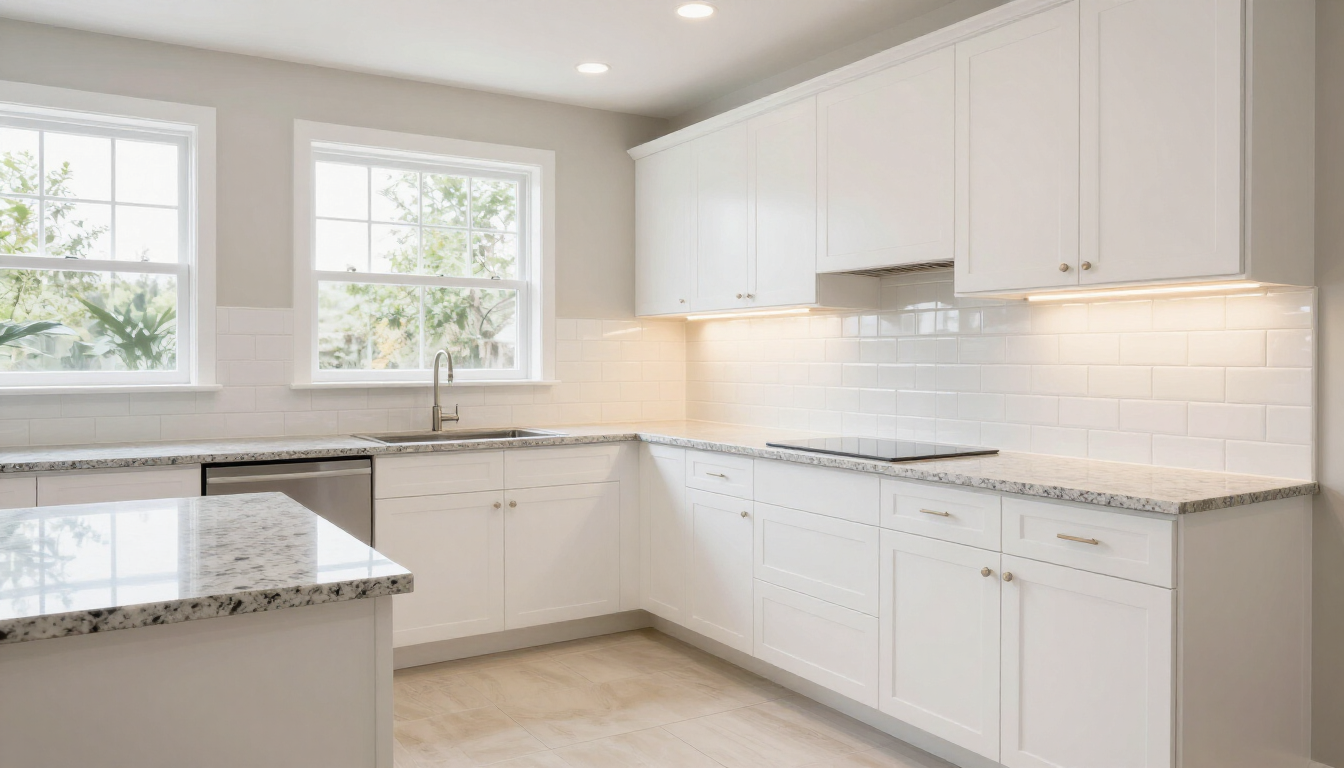 Bright modern white kitchen with granite island, white cabinets, and two windows over the sink