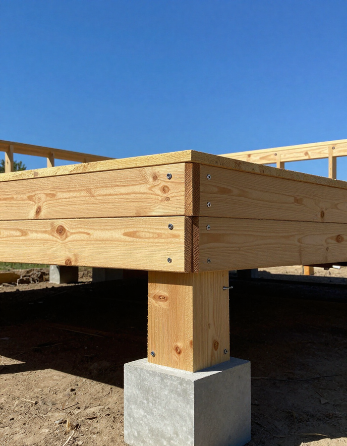 Wooden deck framing on a concrete post footing under construction outdoors under a blue sky
